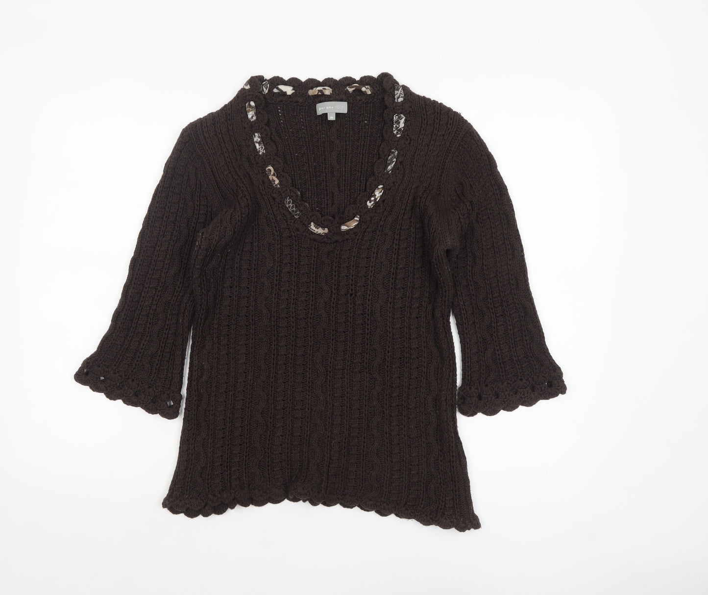 Marks and Spencer Per Una Brown Knit V-Neck 3/4 Sleeve Women's Jumper M