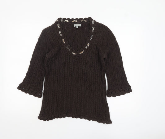 Marks and Spencer Per Una Brown Knit V-Neck 3/4 Sleeve Women's Jumper M