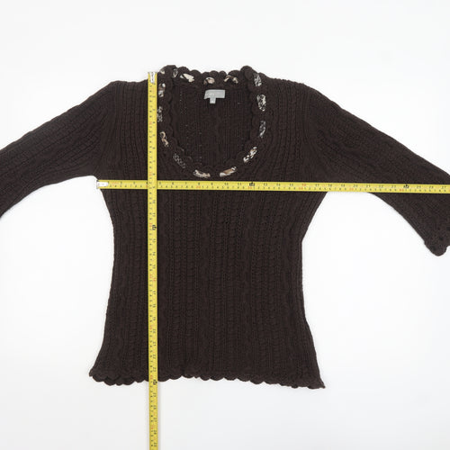Marks and Spencer Per Una Brown Knit V-Neck 3/4 Sleeve Women's Jumper M