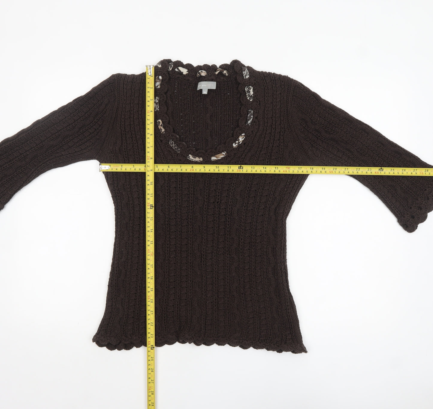 Marks and Spencer Per Una Brown Knit V-Neck 3/4 Sleeve Women's Jumper M