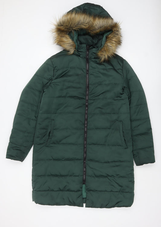 Boohoo Women’s Green Hooded Long Puffer Coat Size 10