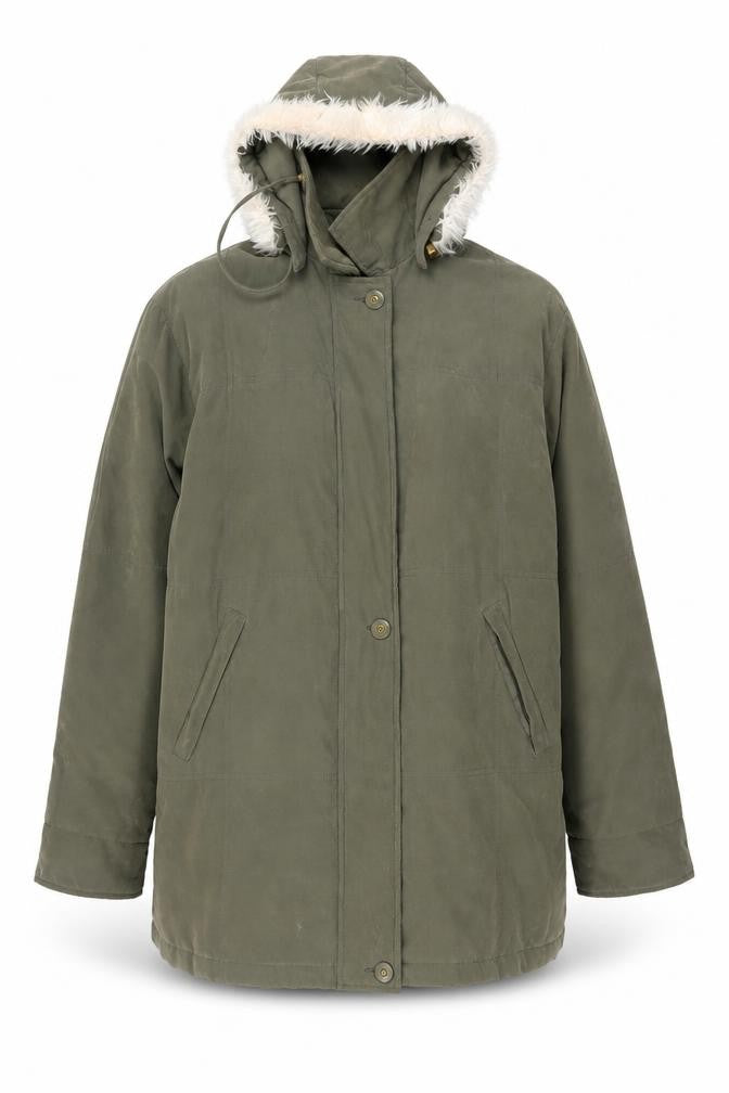 Front view of YS Collection Women's Green Hooded Parka Coat, size 18