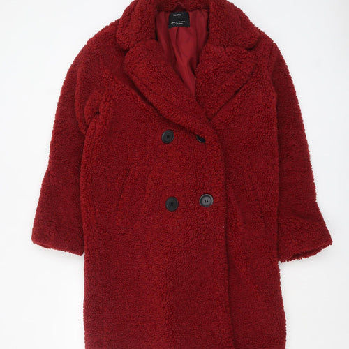 Bershka Women’s Red Teddy Coat XS Warm Mid-Length Overcoat