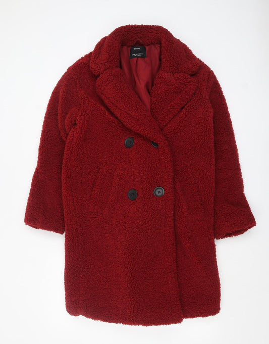 Bershka Women’s Red Teddy Coat XS Warm Mid-Length Overcoat