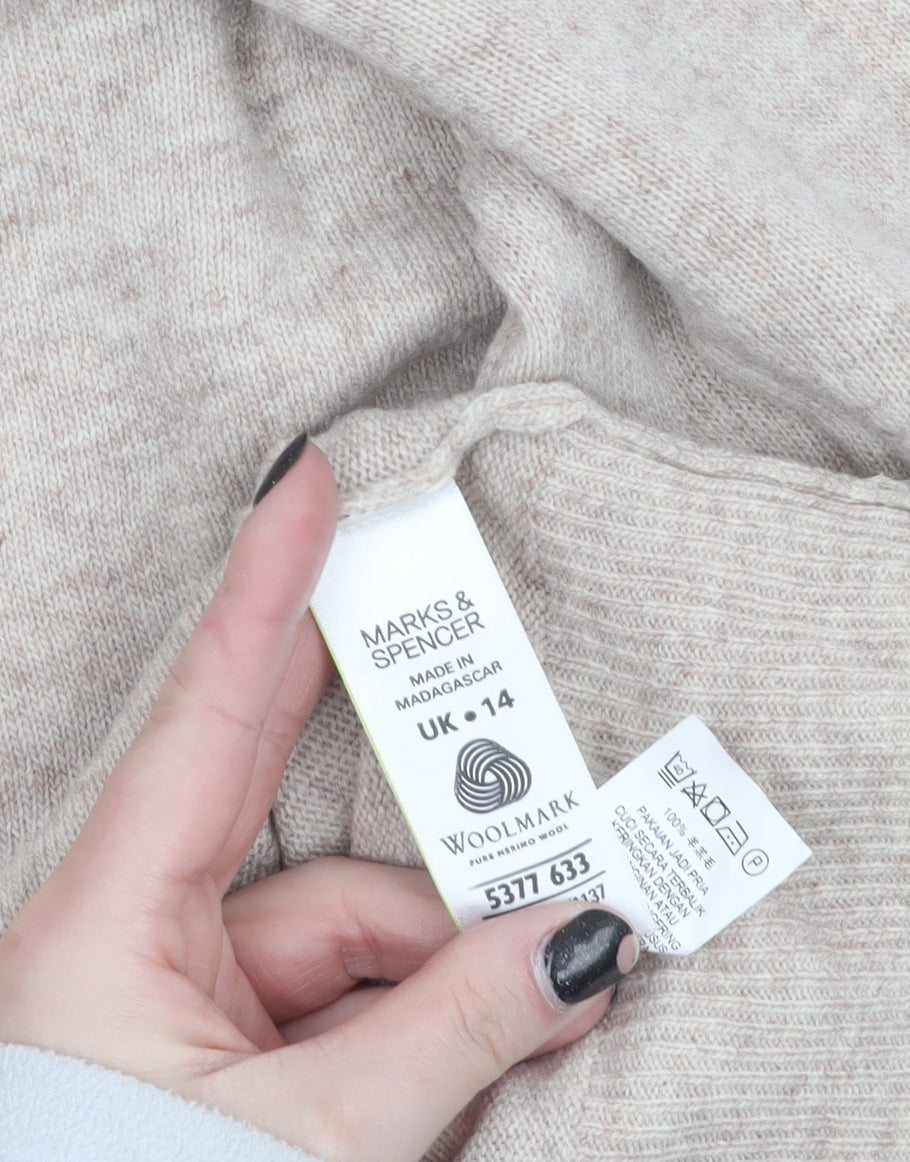 Marks and Spencer Womens Beige Roll Neck Lambswool Jumper Size 14