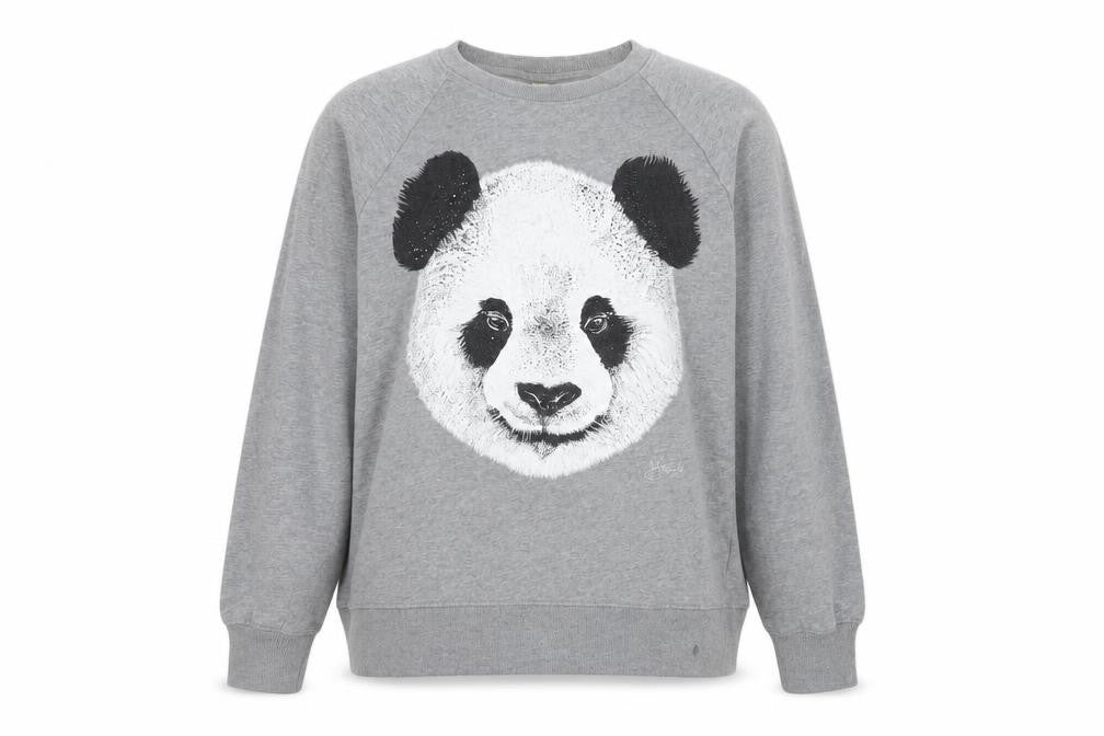 Front view of Earth Positive Women's Grey Panda Graphic Pullover Sweatshirt L