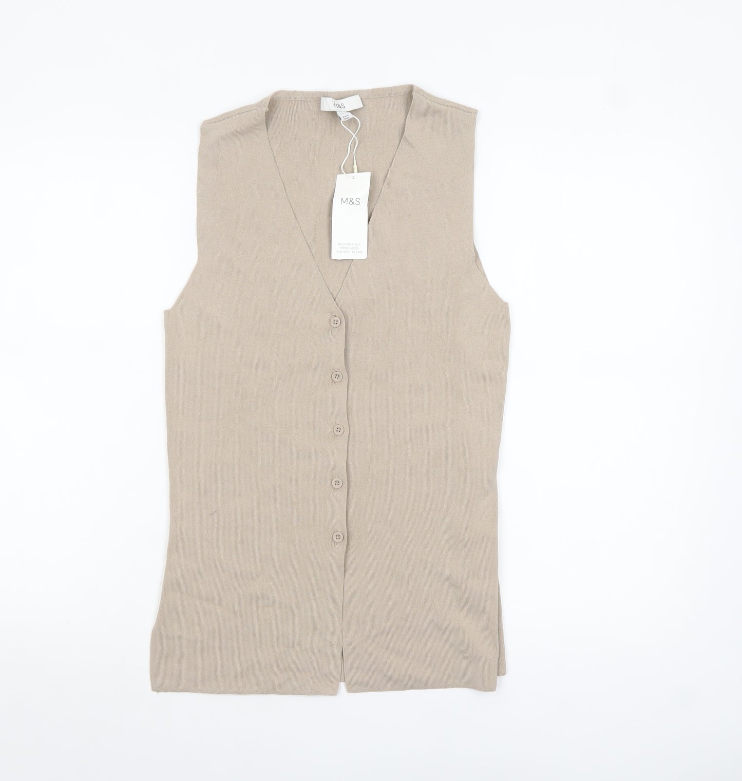 Marks and Spencer Women’s Beige Sleeveless Button-Up Knit Top Size S