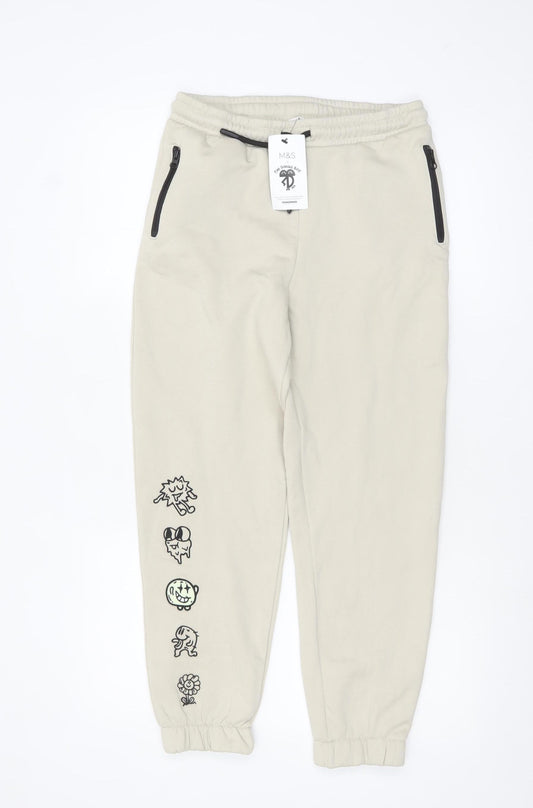 Marks and Spencer Boys Beige Jogger Trousers 11-12 Years Cartoon Print