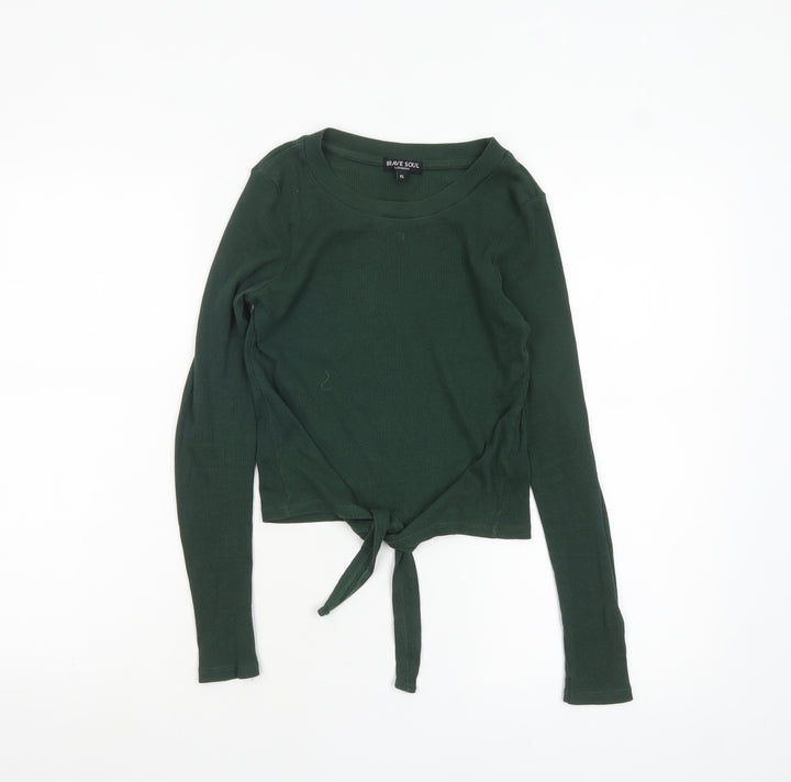 Brave Soul Women's Green XS Cropped Tie Front Long Sleeve Top