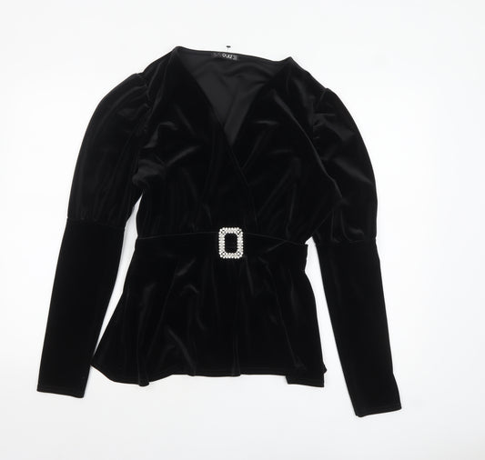 Quiz Women Black Velvet Wrap Blouse Size 16 with Buckle Detail