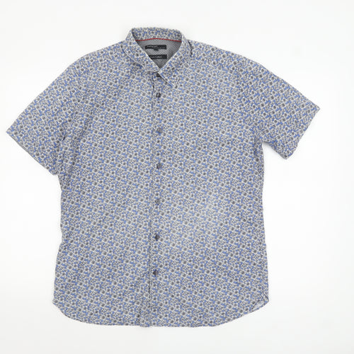Marks and Spencer Autograph Men's Blue Floral Pure Cotton Slim Fit Short Sleeve Shirt M
