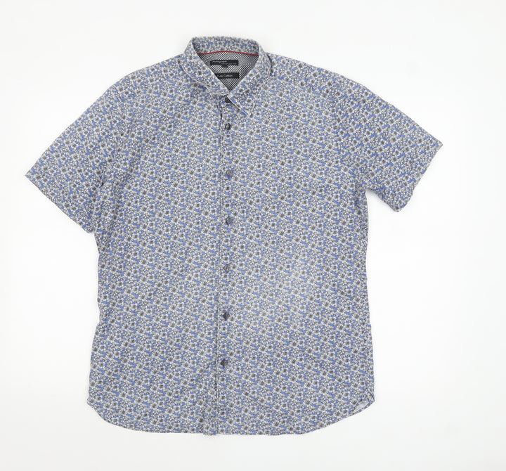 Marks and Spencer Autograph Men's Blue Floral Pure Cotton Slim Fit Short Sleeve Shirt M