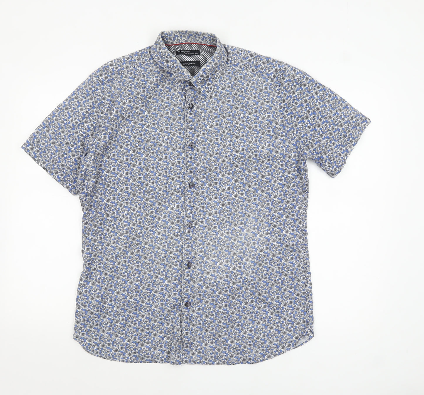 Marks and Spencer Autograph Men's Blue Floral Pure Cotton Slim Fit Short Sleeve Shirt M
