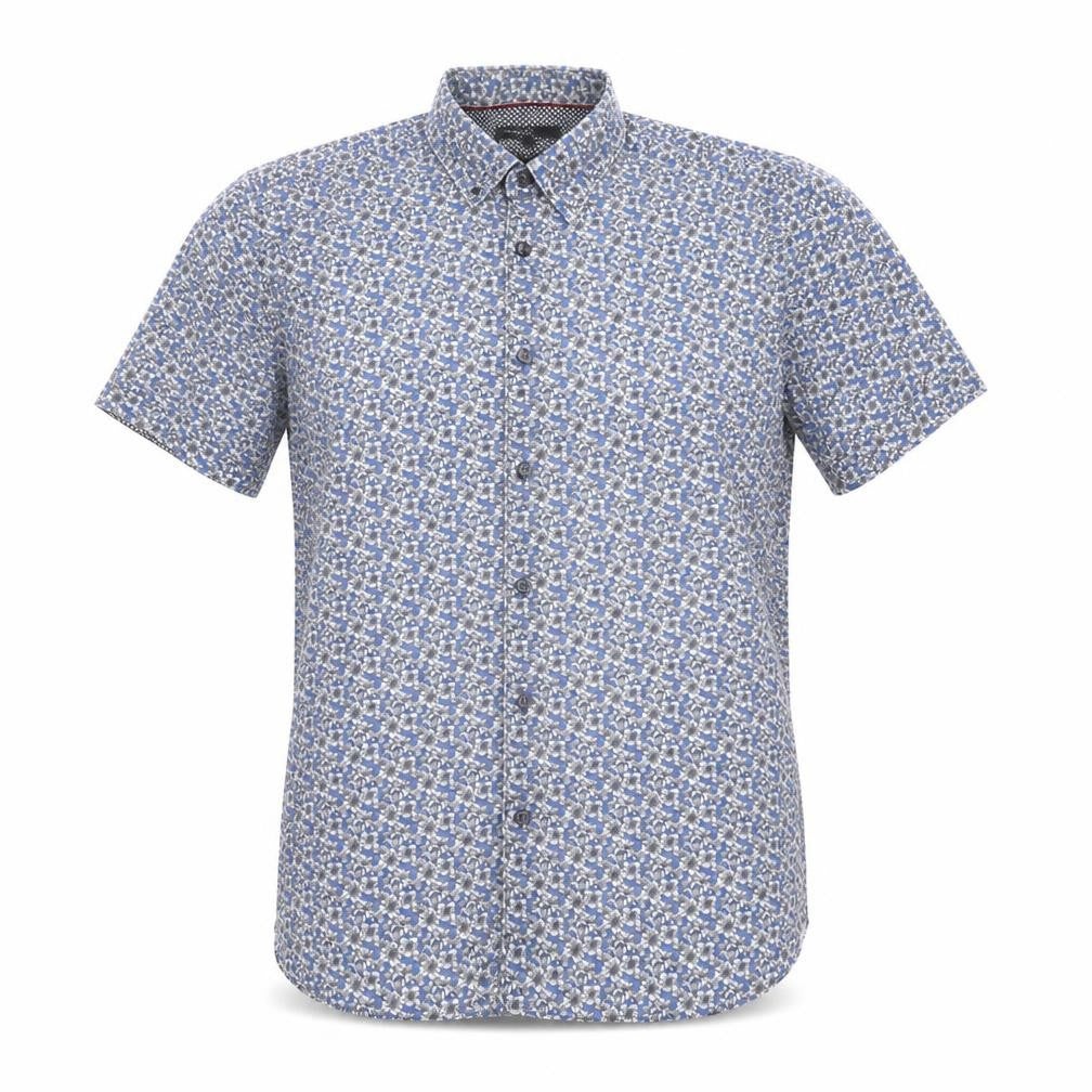 Marks and Spencer Autograph Men's Blue Floral Pure Cotton Slim Fit Short Sleeve Shirt M