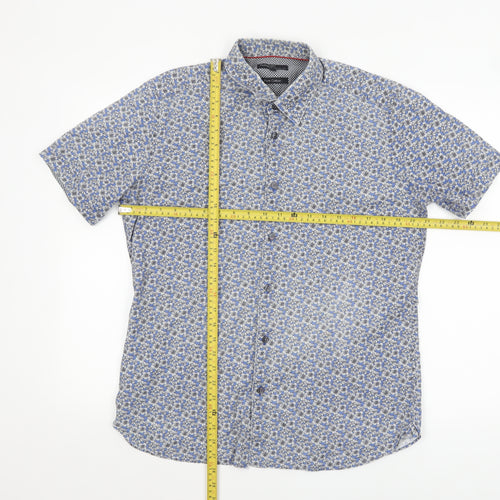 Marks and Spencer Autograph Men's Blue Floral Pure Cotton Slim Fit Short Sleeve Shirt M
