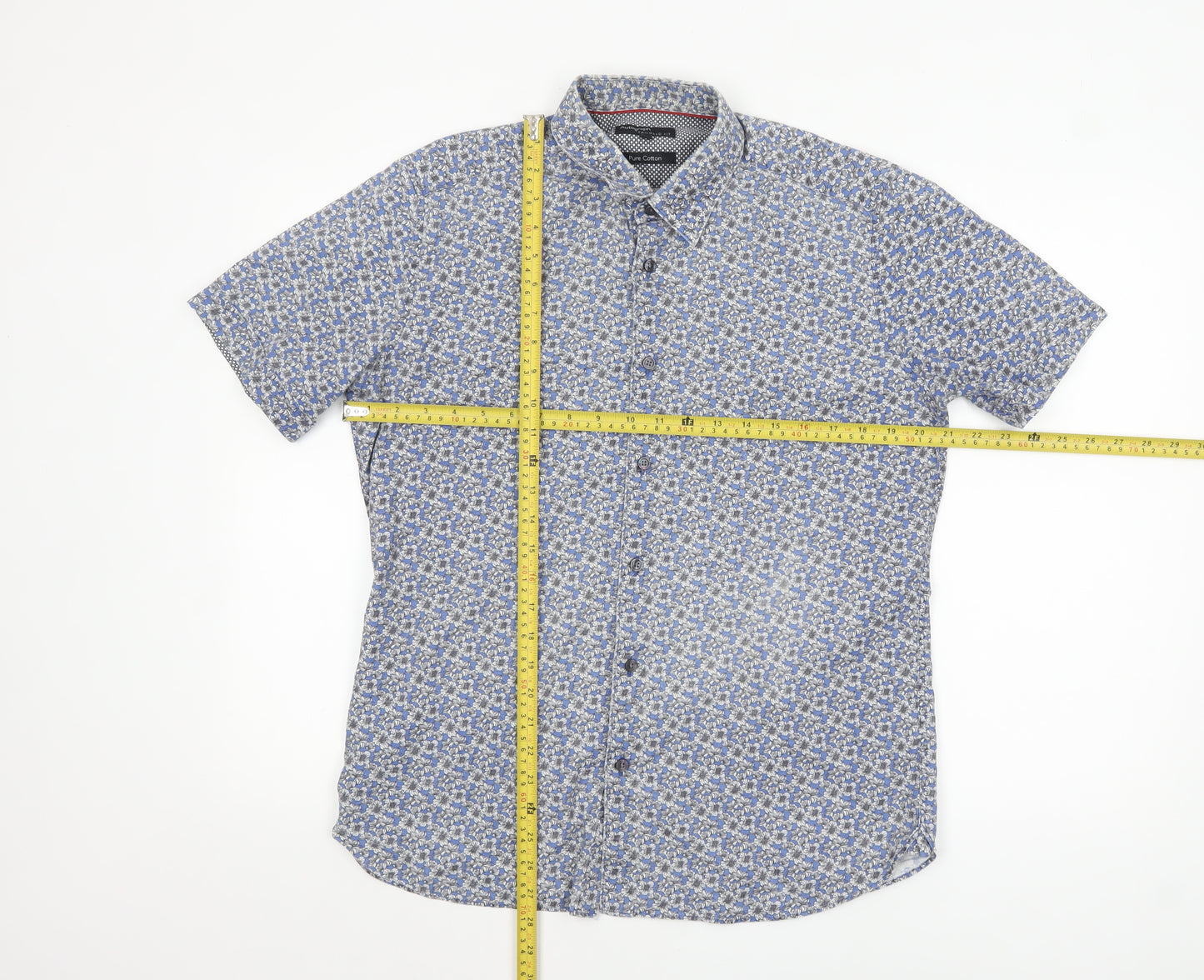 Marks and Spencer Autograph Men's Blue Floral Pure Cotton Slim Fit Short Sleeve Shirt M
