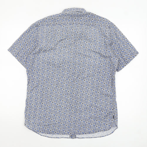 Marks and Spencer Autograph Men's Blue Floral Pure Cotton Slim Fit Short Sleeve Shirt M