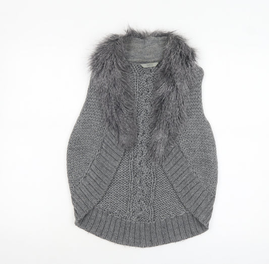 Marks and Spencer Womens Grey Fur Trim Chunky Knit Vest M