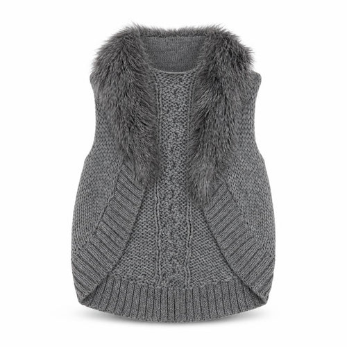 Marks and Spencer Womens Grey Fur Trim Chunky Knit Vest M