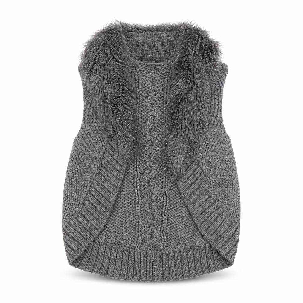 Marks and Spencer Womens Grey Fur Trim Chunky Knit Vest M