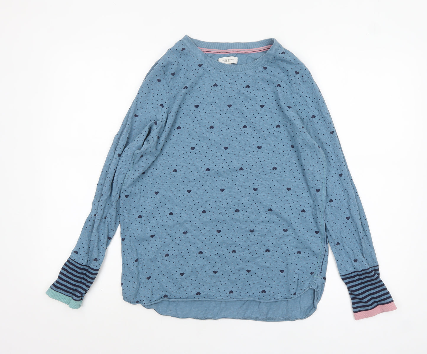 White Stuff Blue Heart Print Long Sleeve Cotton T-Shirt UK 14