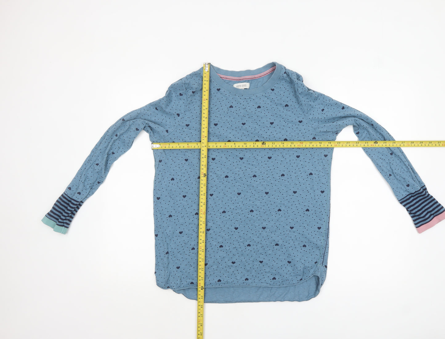 White Stuff Blue Heart Print Long Sleeve Cotton T-Shirt UK 14