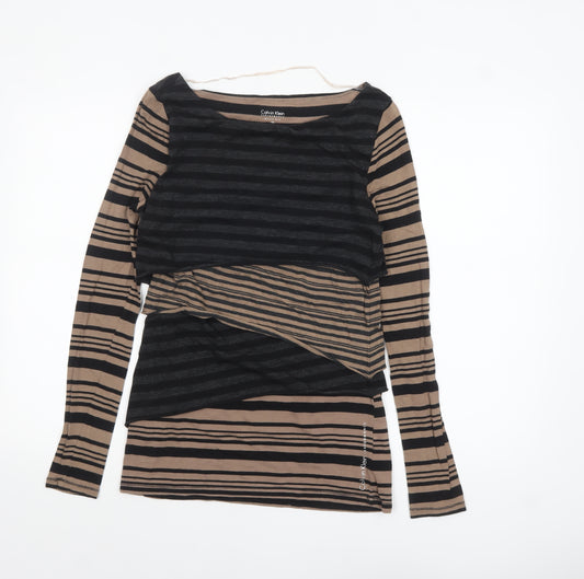 Calvin Klein Women Beige Striped Long Sleeve Quick Dry Top M