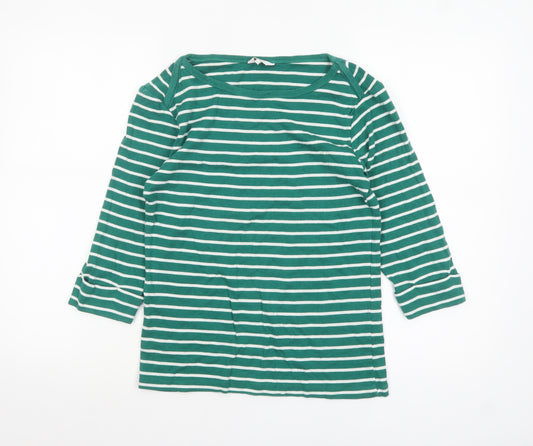 Cotton Traders Womens Green Striped 3/4 Sleeve Cotton Boat Neck Top Size 12