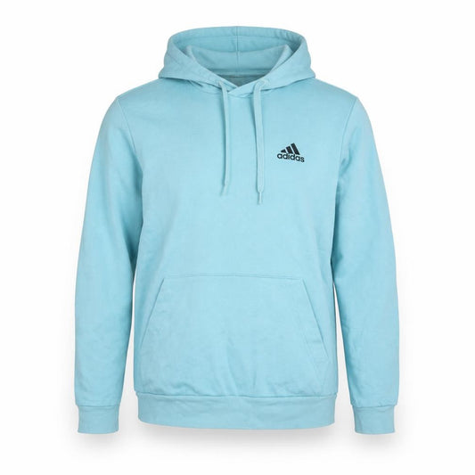 Front view of Adidas Men's Blue Pullover Hoodie, size M, Sports Logo Fleece