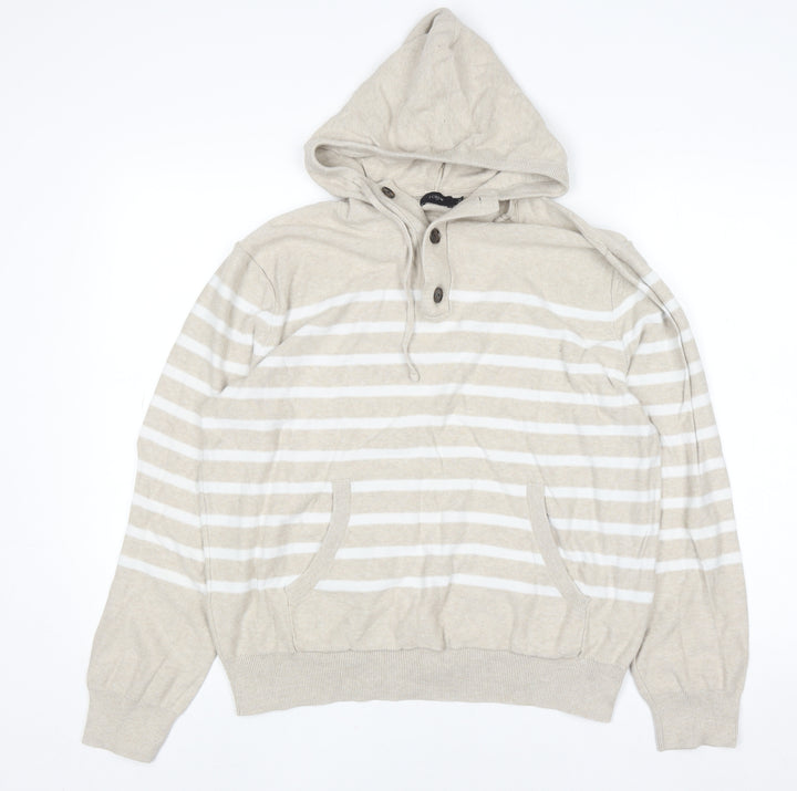 J.Crew Women Beige Striped Cotton Henley Hoodie Size L