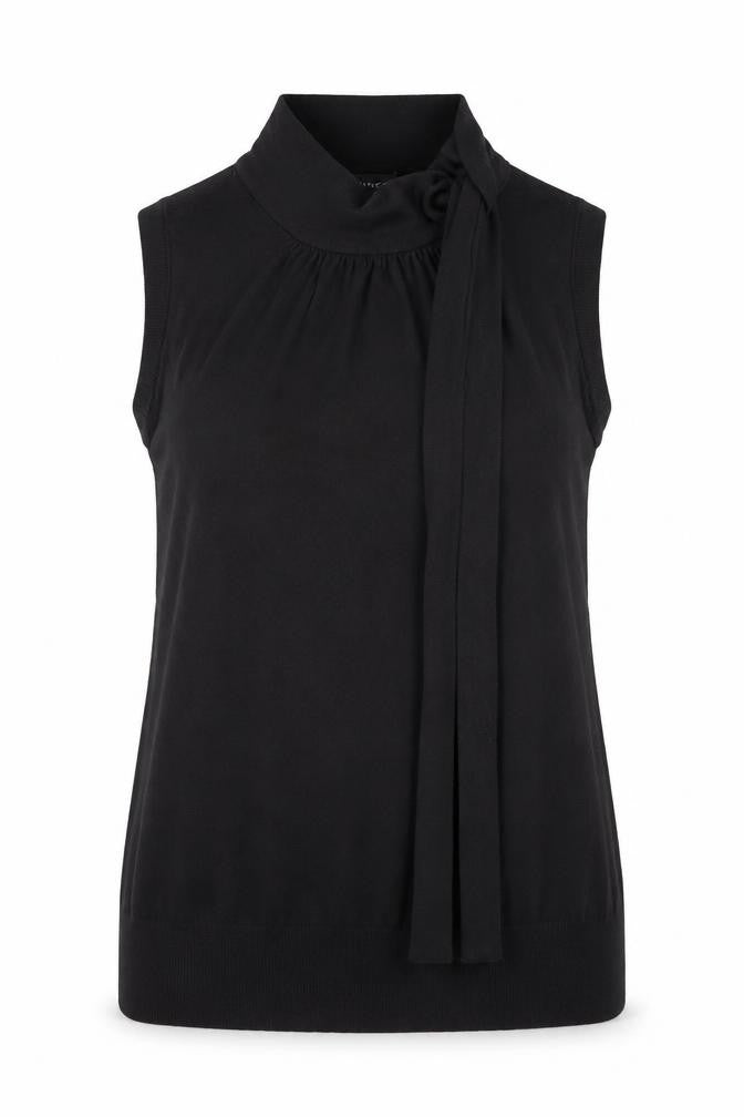 Front view of Warehouse Women's Black High Neck Sleeveless Knit Blouse, size 8