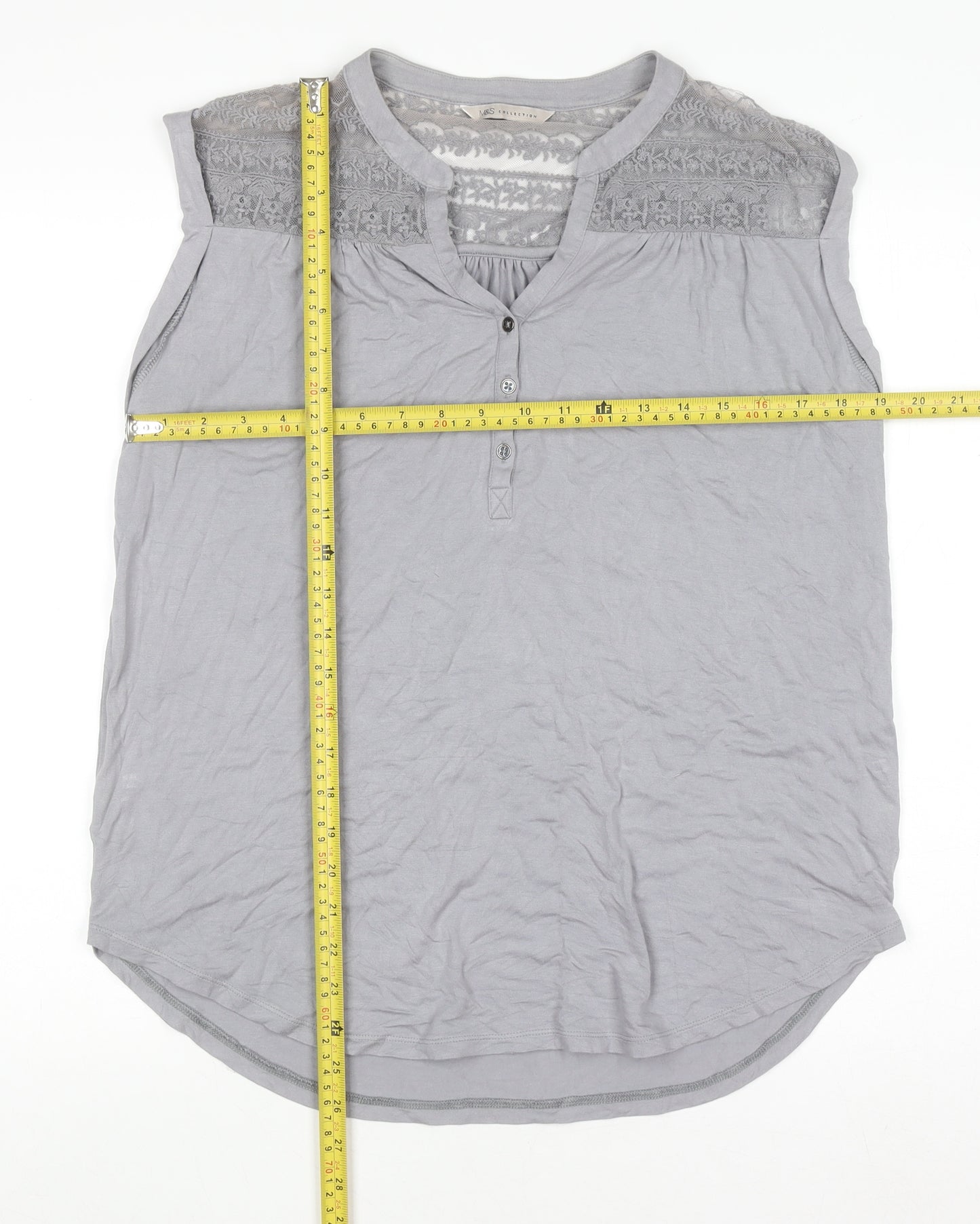 Marks and Spencer Women’s Grey Lace Panel Sleeveless Henley Blouse UK 14