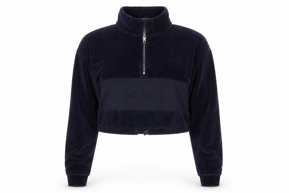 iets frans Women Navy Blue 1/2 Zip Velour Sweatshirt Size M