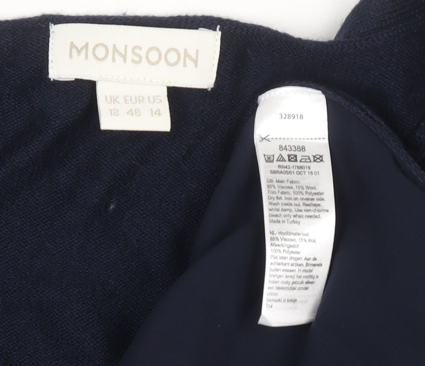 Monsoon Women Blue V-Neck Long Sleeve Open Cardigan Size 18