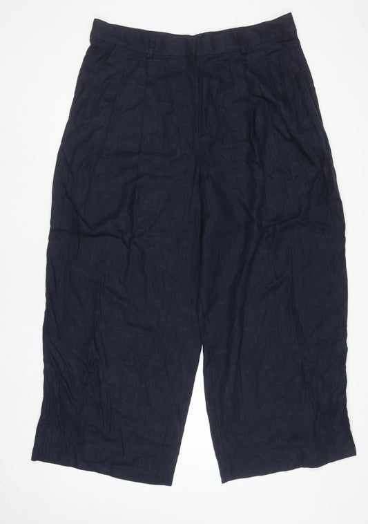 Marks and Spencer Women's Blue Linen Cropped Wide-Leg Trousers Size 18