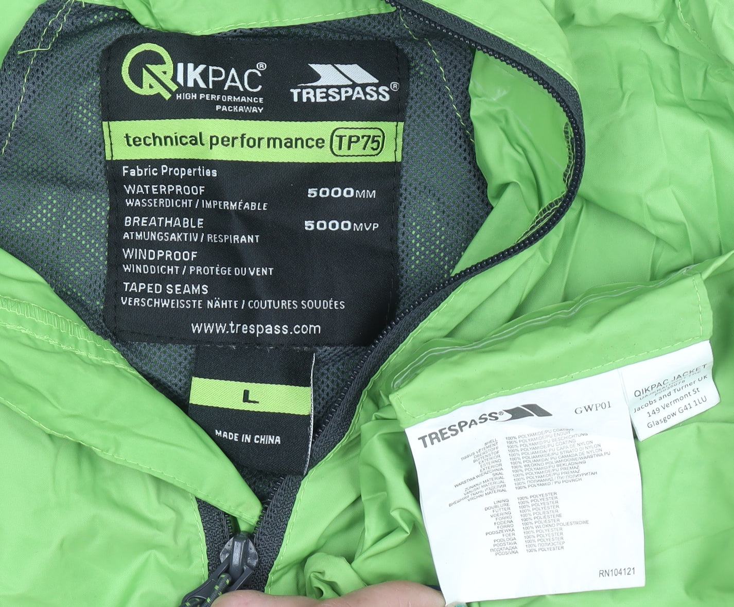 Trespass Men’s Green L Waterproof Windproof Hooded Rain Coat