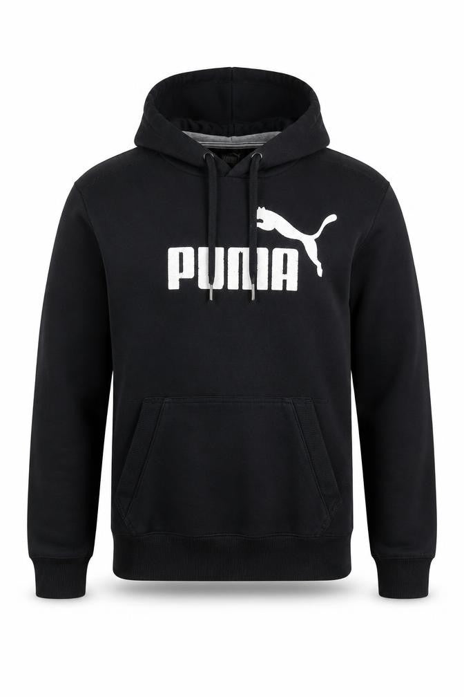 Front view of Puma Men's Black Pullover Hoodie M Logo Fleece Sweatshirt