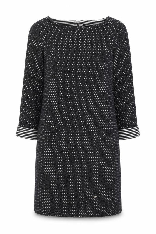 Front view of Roman Women’s Black Polka Dot Shift Dress, size UK 14, 3/4 Sleeve Zip Back