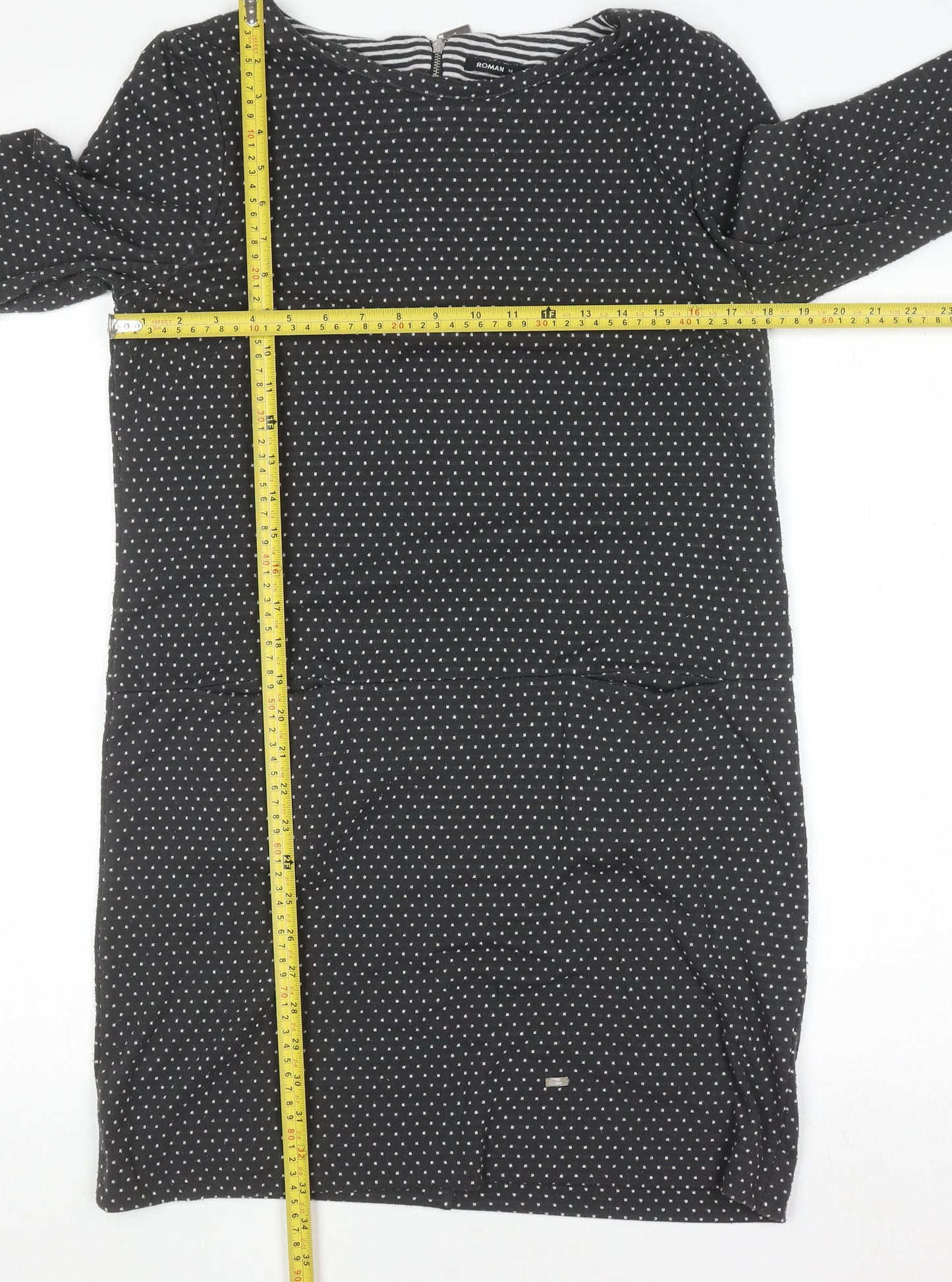 Roman Women’s Black Polka Dot Shift Dress Size 14 3/4 Sleeve Zip Back