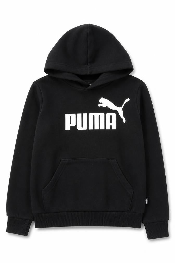 Front view of Puma boys’ black pullover hoodie 9-10 years cotton blend logo print