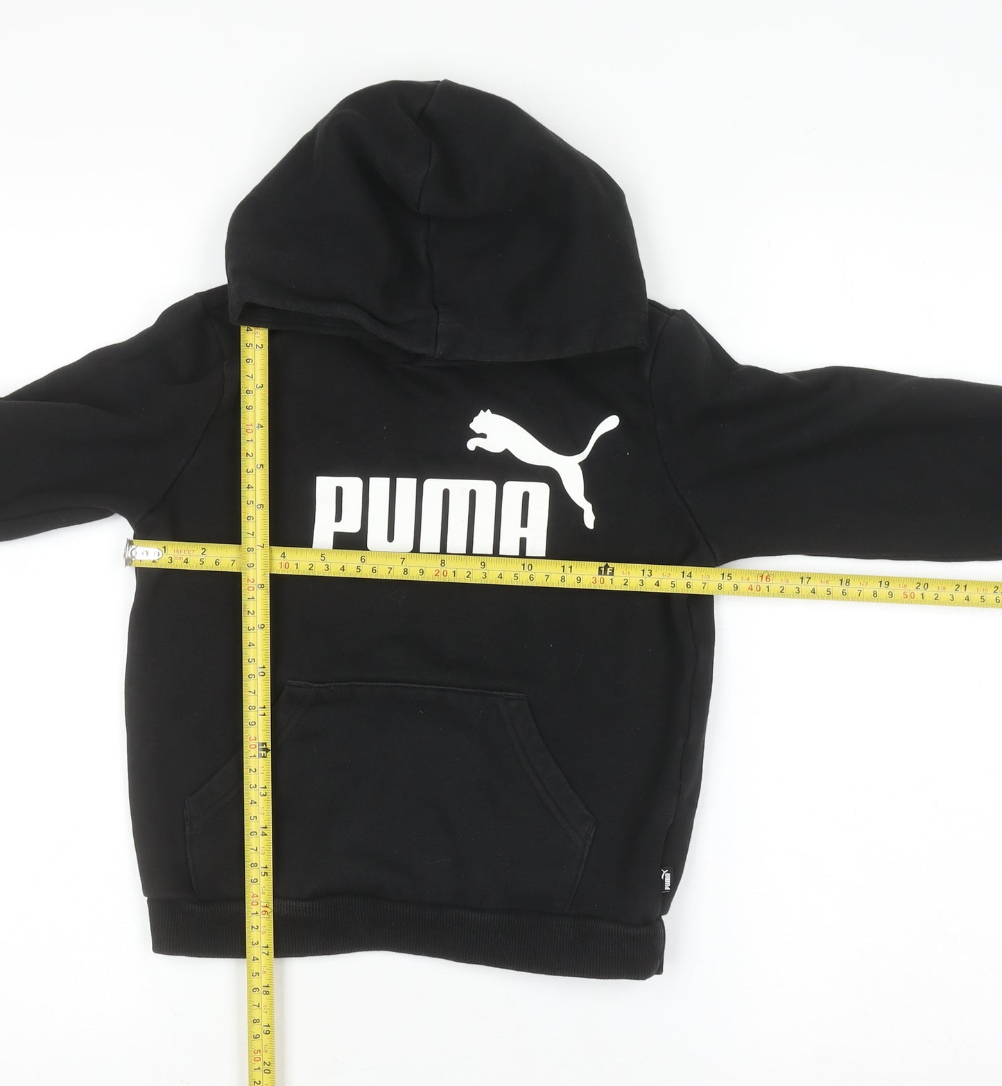 Puma Boys Black Pullover Hoodie 9-10 Years Cotton Blend Logo Print