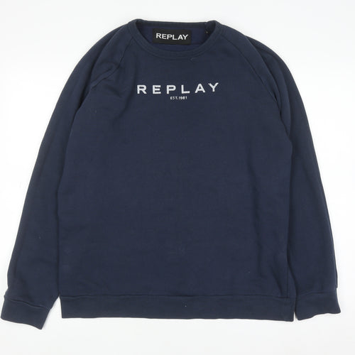 Replay Men's Blue XL Pullover Sweatshirt Crew Neck Logo Fleece