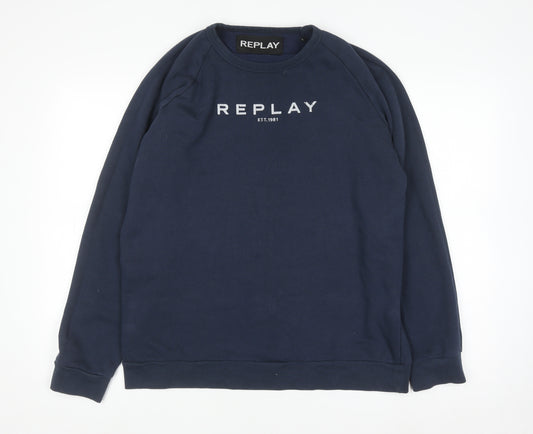 Replay Men's Blue XL Pullover Sweatshirt Crew Neck Logo Fleece