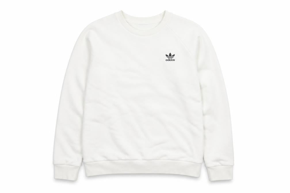 Front view of adidas Men’s White Crew Neck Pullover Sweatshirt, size S, Regular Fit
