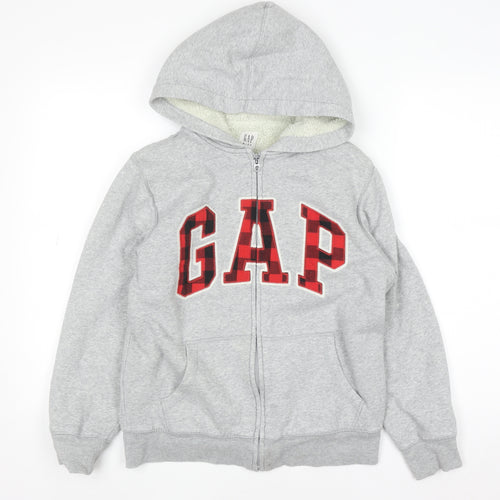 GAP Kids Boys Grey Full Zip Hoodie XL 12-13 Years Sherpa Lined Logo Sweatshirt