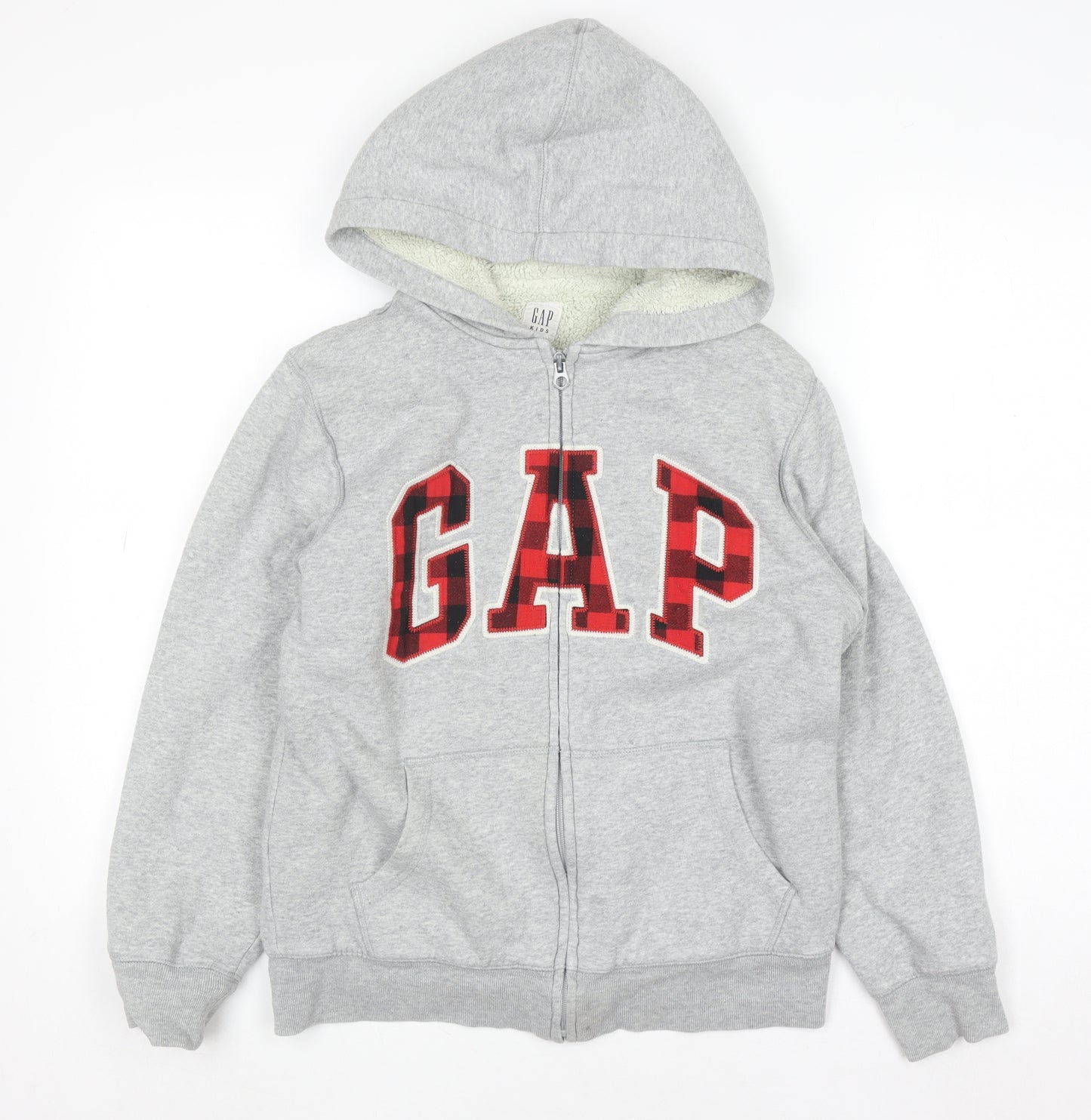 GAP Kids Boys Grey Full Zip Hoodie XL 12-13 Years Sherpa Lined Logo Sweatshirt