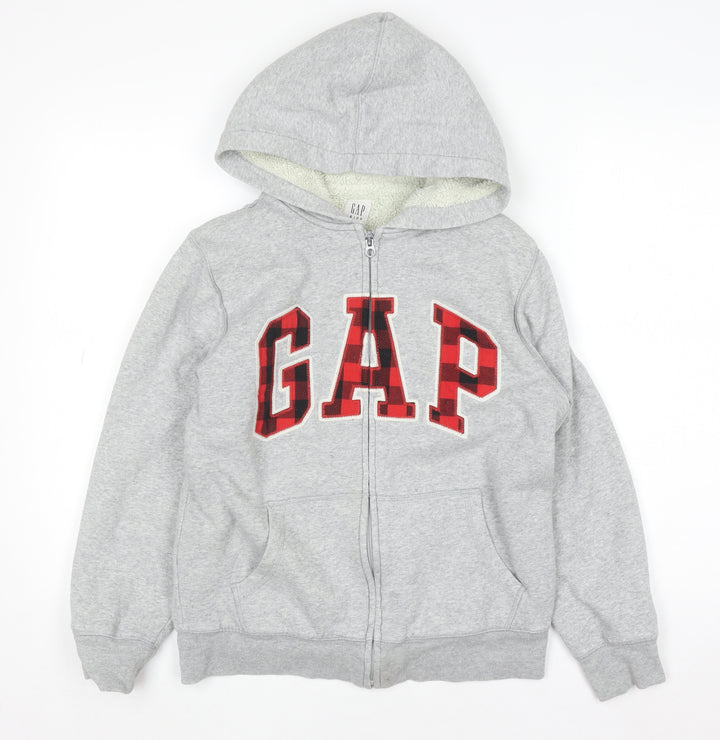 GAP Kids Boys Grey Full Zip Hoodie XL 12-13 Years Sherpa Lined Logo Sweatshirt