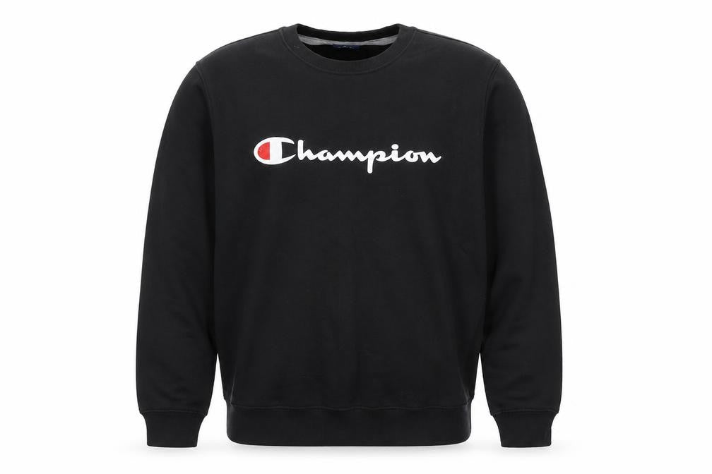 Front view of Champion Men's Black Medium Pullover Sweatshirt Logo Crew Neck