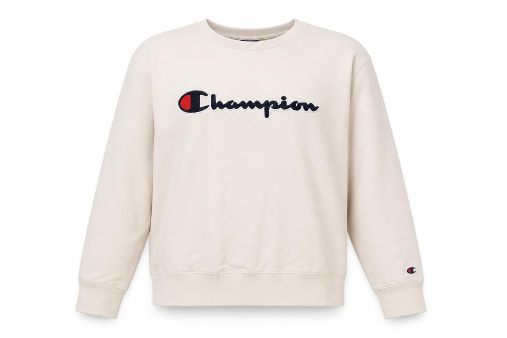 Front view of Champion Women's Beige Large Pullover Sweatshirt Cotton Logo Crew Neck