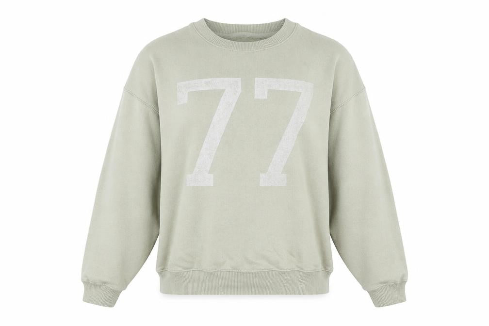 Front view of American Eagle women’s green, size S, pullover sweatshirt 77 graphic